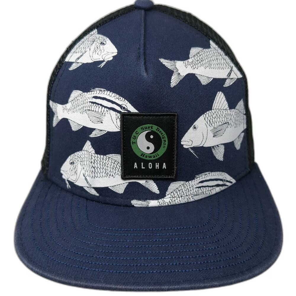 T&C Surf Designs Trucker Hat Blue One Size Fish Print Hawaii Aloha Mesh Back